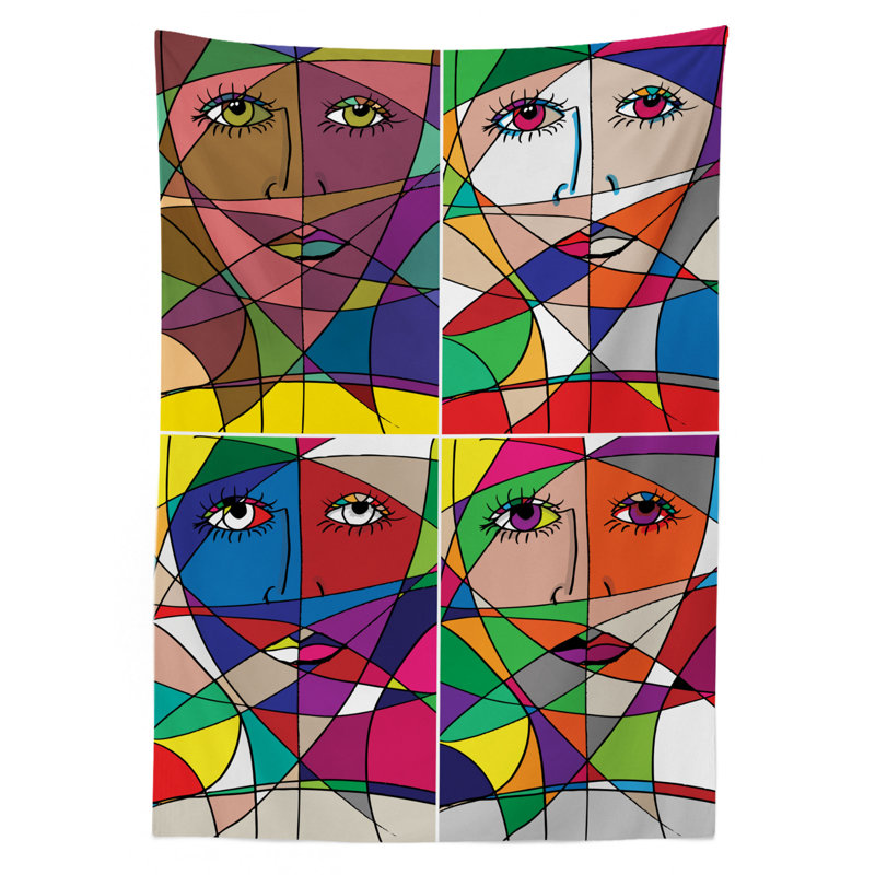 Abstract Woman Face Illustration Behind Stained Glass Styled Human Facial Feature Tablecloth, 90" x 60"