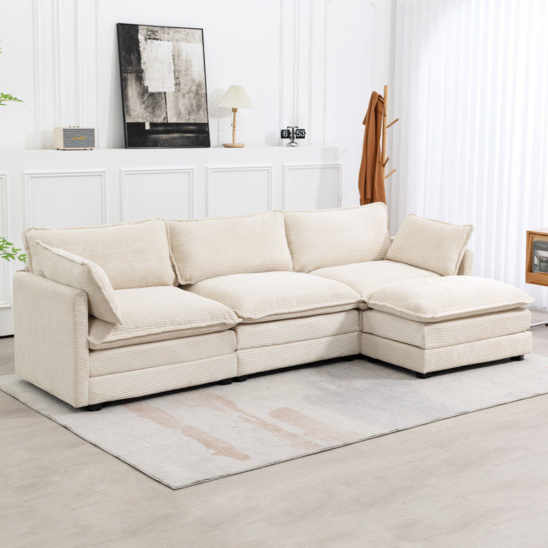 Redenius 4-Piece 112'' Upholstered L-Shape Sectional, Beige Corduroy