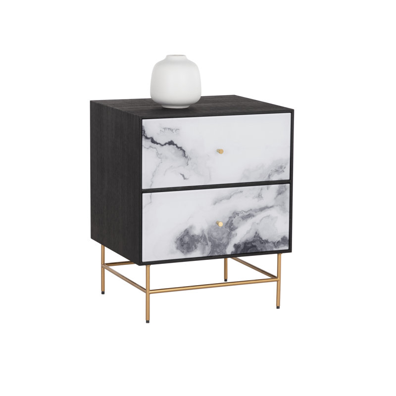 Black and White Marble 2-Drawer Nightstand with Gold Legs