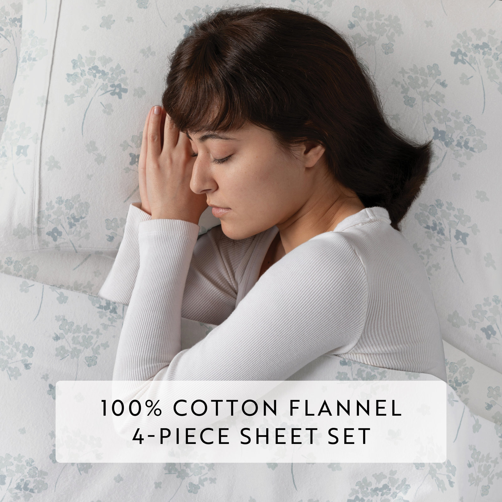 Cotton Flannel Sheet Set, Full Sheet Set, Light Blue/Flower Bunch