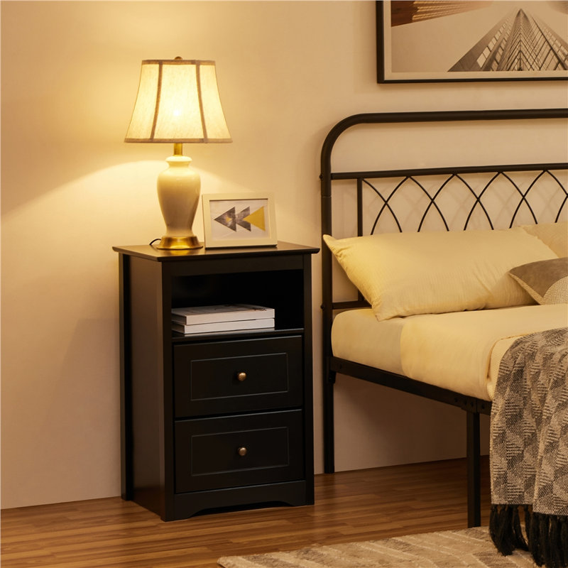 Anitrea 2-Drawer Wooden Nightstand with Open Shelf, Black