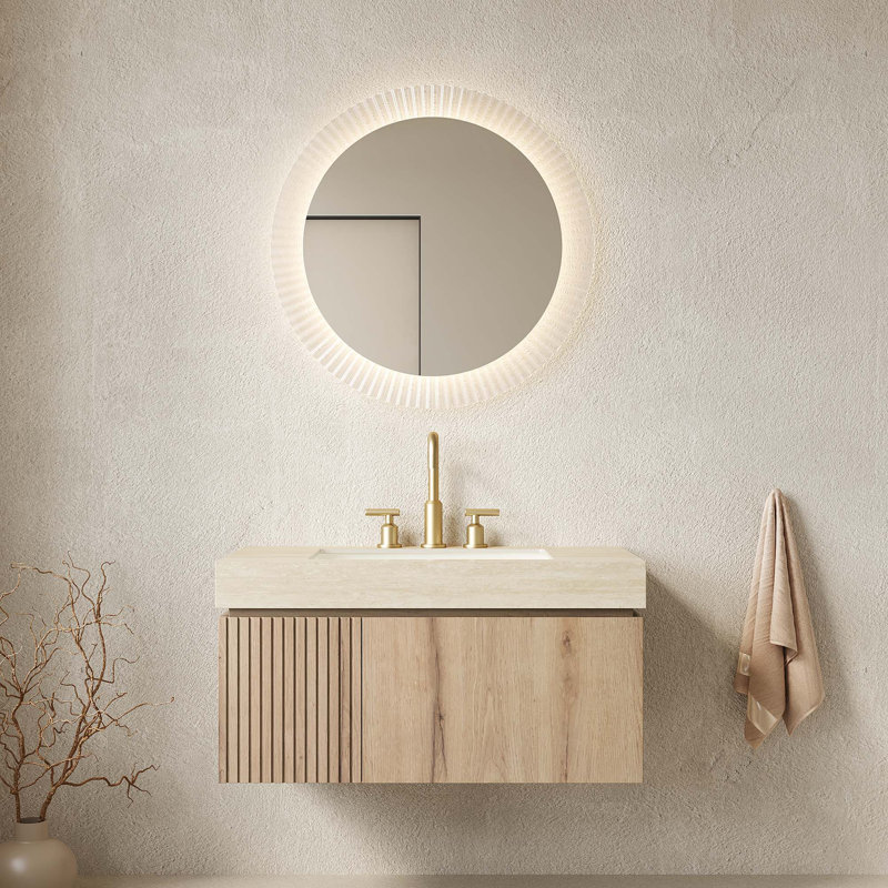 Meuble-lavabo flottant avec plateau en pierre frittée et rangement à fermeture en douceur, Chêne blanc