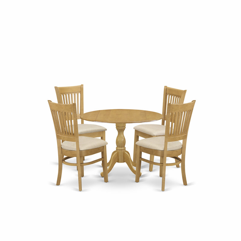 L'ensemble de table de cuisine 5 pièces pour 4 personnes comprend une table de salle à manger ronde avec Dropleaf et 4 chaises de salle à manger en tissu de lin, chêne