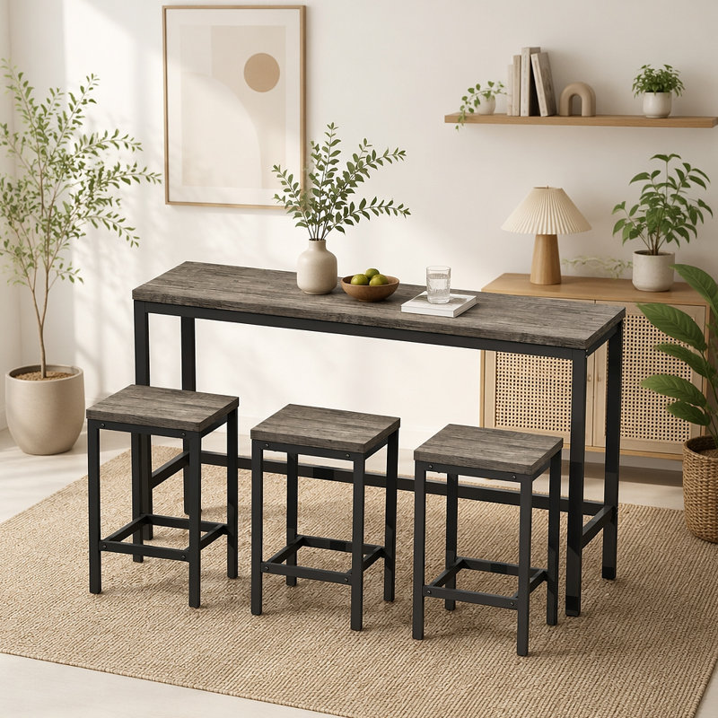 Table de salle à manger de cuisine moderne, table de pub, ensemble de table de salle à manger longue avec 3 tabourets, assemblage facile