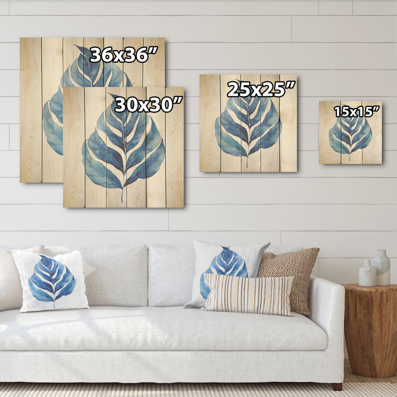«White and Blue Leaves Collage I», art mural sur bois de pin naturel, H 36 po x l 36 po
