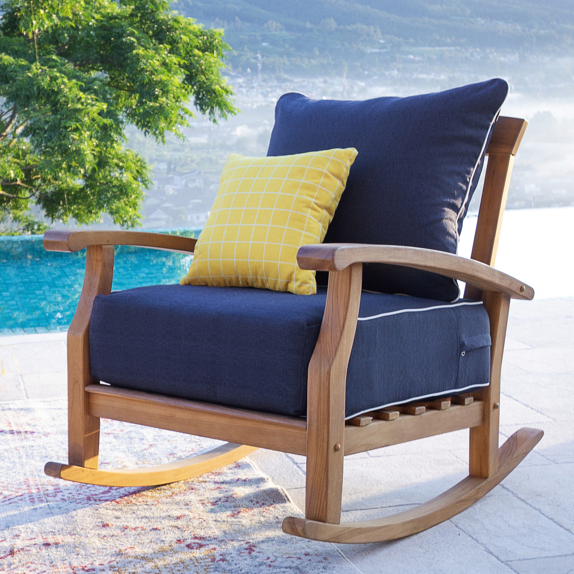 Summerton Teak Outdoor Rocking Chair with Cushions, Navy White Piping, Natural