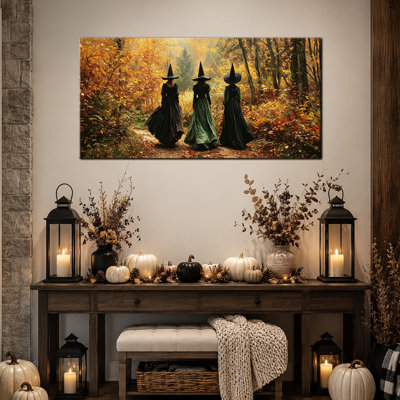 Art mural d'automne d'Halloween, décoration murale de photos d'Halloween, toile d'Halloween de sorcière effrayante, style gothique d'automne chaud, décoration murale de photos de sorcière pour le salon, le vestibule, présentoir saisonnier 16 po x 32 po