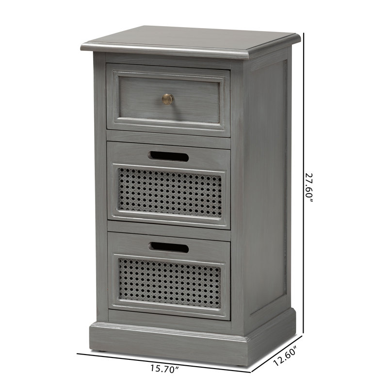 Sheldon Grey Wood and Synthetic Rattan 3-Drawer Nightstand