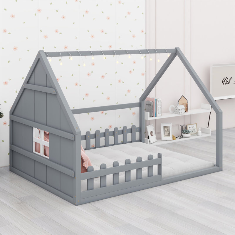 Lit maison avec fenêtre et clôture, DEL, gris