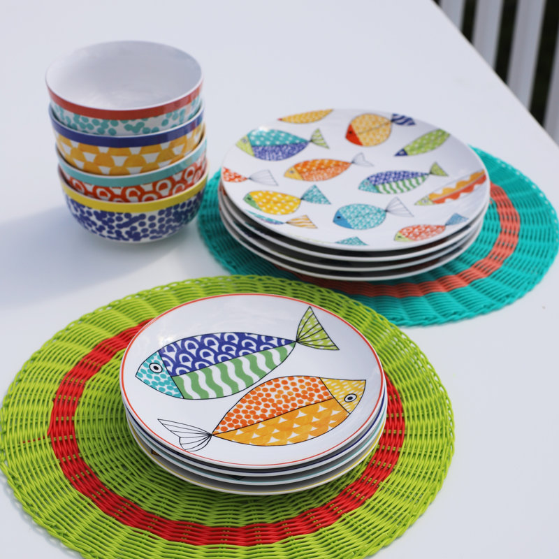FreshCatch 12-Piece Colorful Fish Porcelain Dinnerware Set