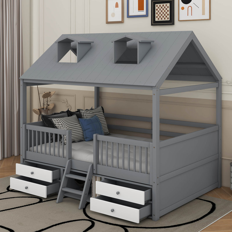 Lit double en bois, Gris, Lit double