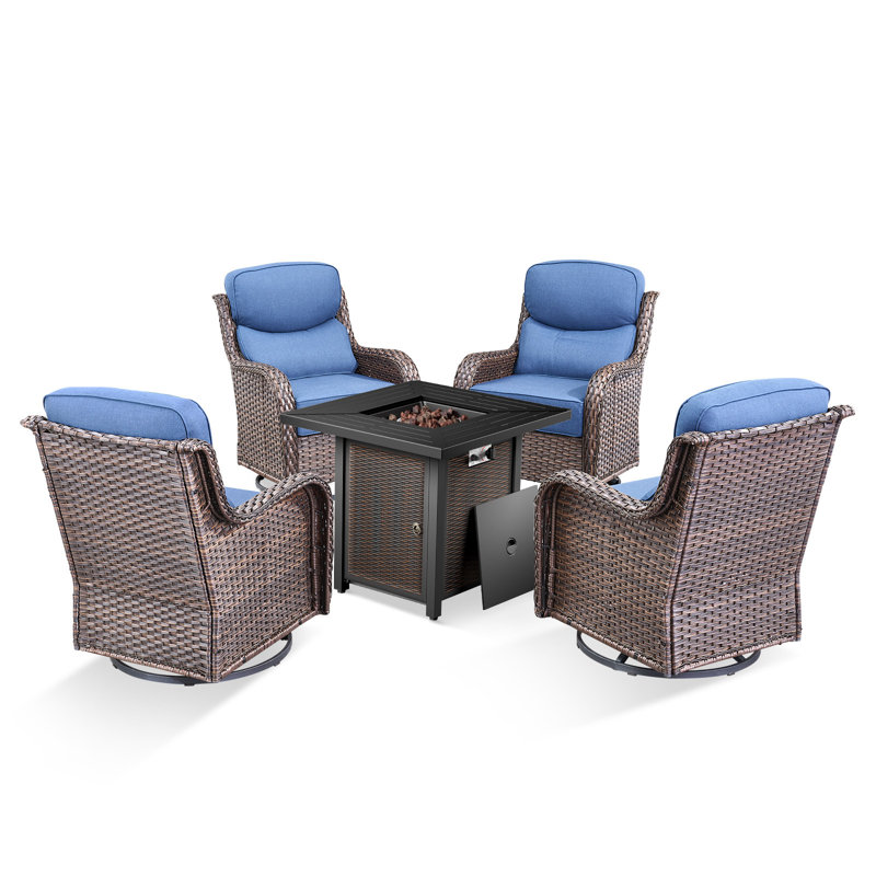 Wickes All-Weather Outdoor Wicker 4-Person Seating Group With Square Metal Fire Pit Table,Swivel Gliders With 6" Thick Cushions