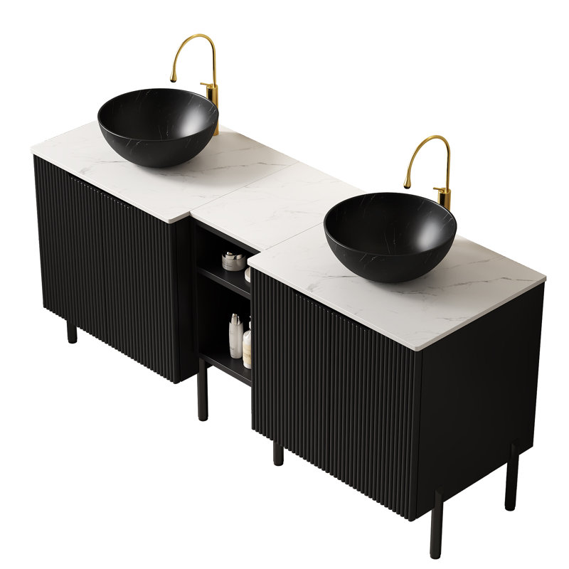 Meuble-lavabo double autoportant de 60 po avec lavabos TURIO, 2 armoires de rangement rayées de 24 po + tablette ouverte amovible de 12 po, 2 vasques noires en pierre avec comptoir Carrara blanc, noir