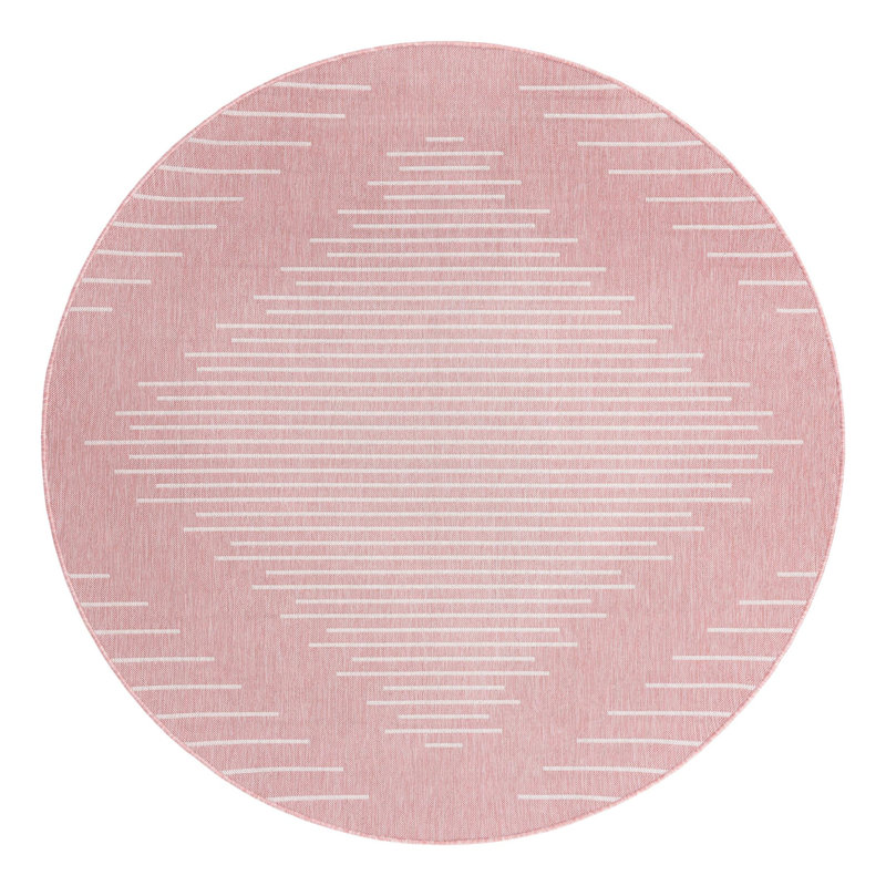 Striped Machine Woven Polypropylene Indoor / Outdoor Area Rug in Light Red, Round 10'8"