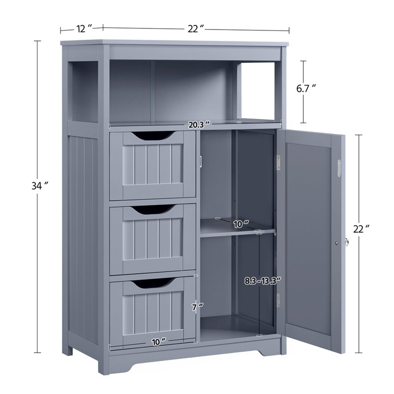 Brigit Free-Standing Bathroom Cabinet with Adjustable Shelf, 3 Drawers and a Niche, Gray, 34.1" H x 22" W x 12" D
