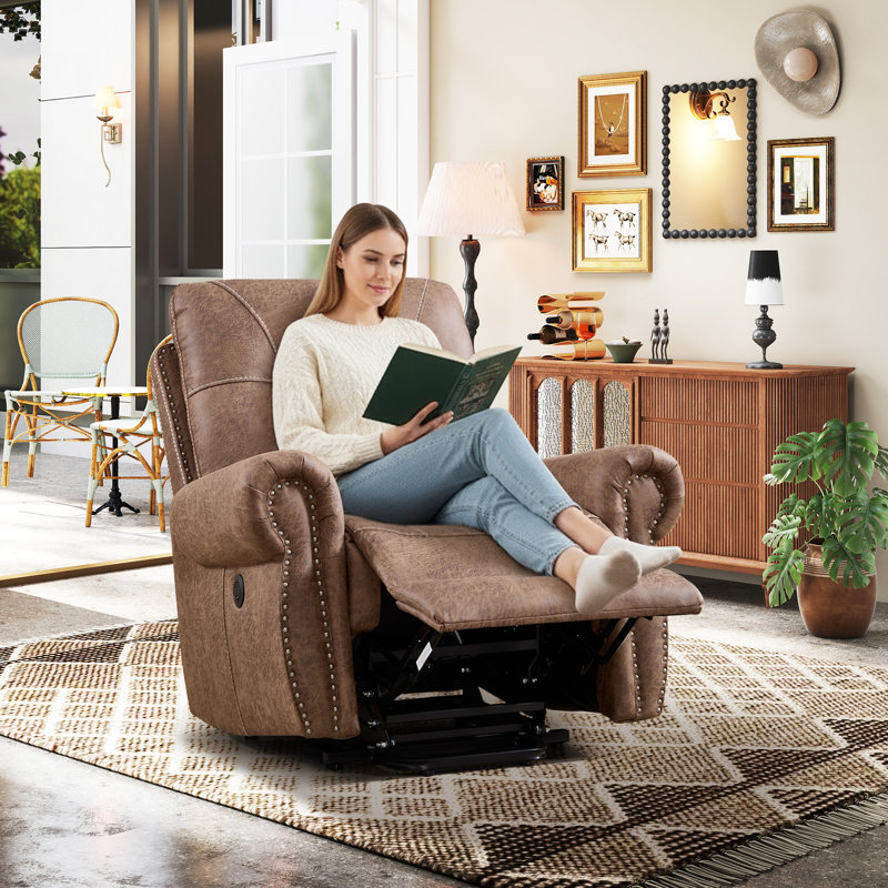 Fauteuil inclinable électrique 39,37 po de large avec garniture cloutée avec massage, chaleur et charge USB + Type-C