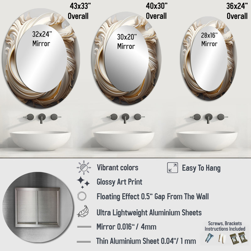 Tender White Whirling Vision - Modern Oval Wall Mirror, 36" x 24"