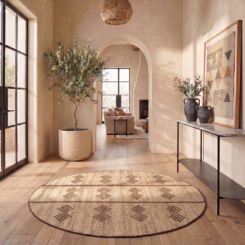 Kobei Natural Fiber Flat Weave Jute Pile Southwestern Rug, Round 6'