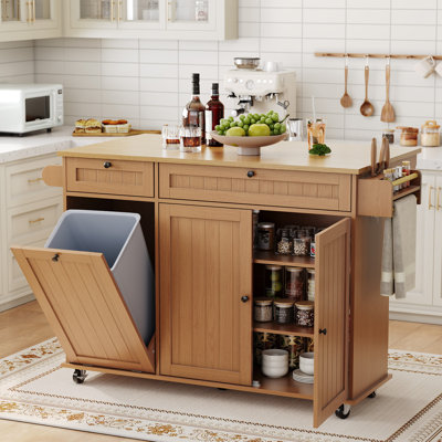 Rolling Kitchen Island Cart 55" Wide - Drop Leaf, Spice Rack, Towel Rack, Knife Holder, 10-Gallon Trash Can Storage - Portable Mobile Organizer Table with Wheels for Kitchen