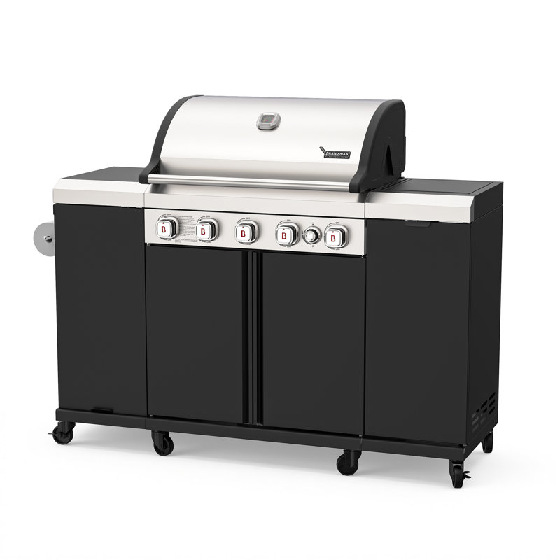 Brand-Man Natural Gas Convertible 5-Burner BBQ Island Outdoor Grill | 52,000 BTUs Propane Gas Grill with Cast Iron Grates & Griddle, 669 Sq.In Cooking Space, Side Burner + Foldable Prep Table & Cabinets, Weather-Resistant Stainless Steel Outdoor Kitchen