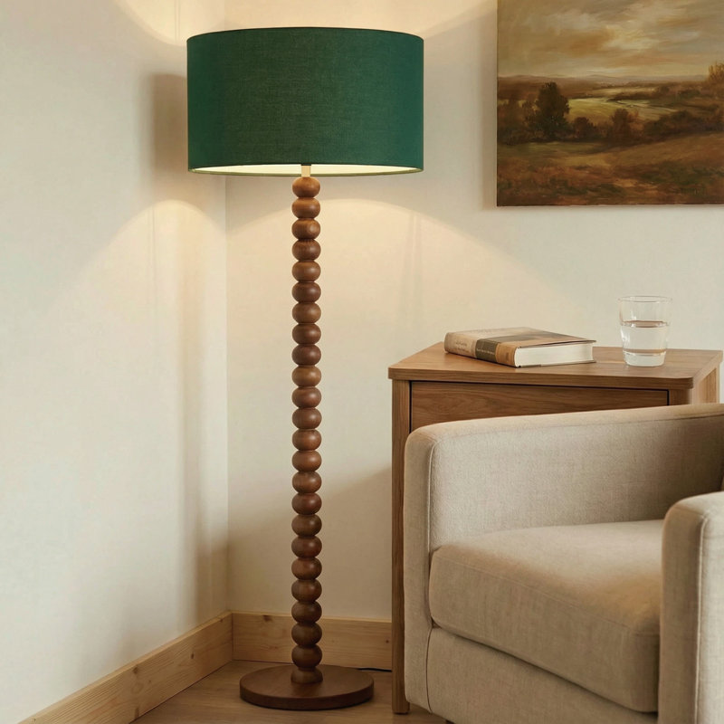 Lampe sur pied 61 po en bois perlé rétro avec abat-jour en lin surdimensionné, lampe sur pied au fini noyer pour salon, chambre à coucher, coin lecture et bureau, homologuée UL, compatible avec les ampoules E26