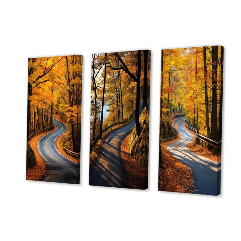 Passerelle automne route dans la forêt I - ensemble de 3 impressions sur toile routières, Toile tendue, H 28 po x l 36 po