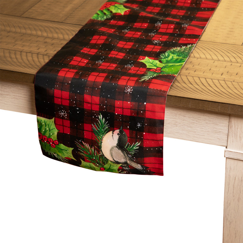 Plaid With Holly And Berries Rectangular Christmas Table Runner - 72"