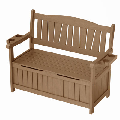 Grand banc de rangement extérieur 43 gallons, siège de patio d'une capacité de 800 lb avec porte-gobelets pliables, coffre de terrasse résistant aux intempéries pour les coussins de jardin et les jouets de piscine, meubles de jardin, teck