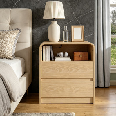 Nola 23.6" Modern Nightstand with Charging Station, 2-Drawer Storage, Open Cubby and Curved Edge Design, Bedside Table for Bedroom and Living Room, Set of 2