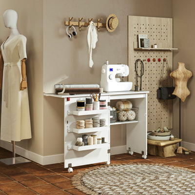 Folding Sewing Table Mobile Sewing Machine Cabinet with Shelf White