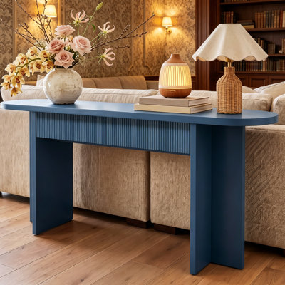 Console de 63 pouces avec 2 tiroirs, tables de hall d'entrée cannelées avec rangement, table de canapé robuste derrière le canapé, tables de couloir Mid-Century pour vestibule, couloir, salon