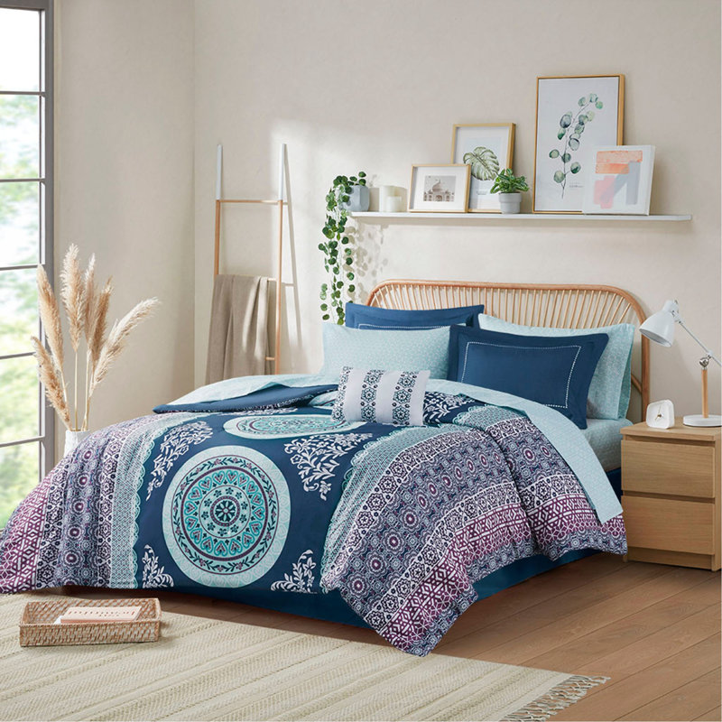 Boho Comforter Set with Bed Sheets, Twin Comforter + 6 Additional Pieces, Navy Abstract