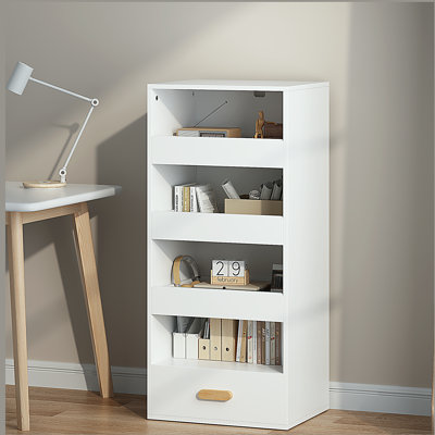 4-Tier Bookshelf with 3 Sliding Drawers and 1 Bottom Drawer