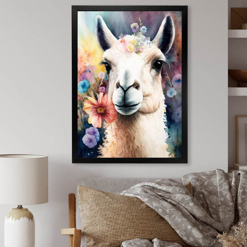 Portrait d'un lama avec des eurs, Cadre photo noir, H 20 po x l 12 po x P 1 po
