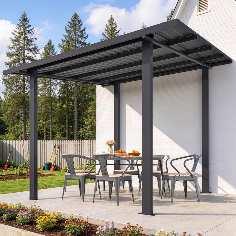 3m x 2.4m Wall Mounted Lean To Metal Hardtop Pergola Awning Rust Resistant Waterproof