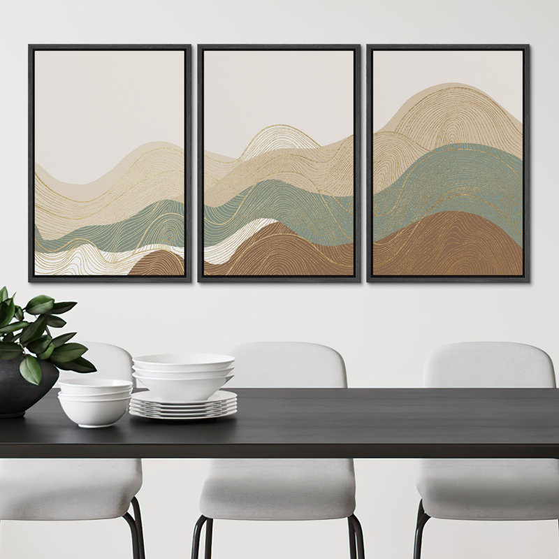 Multicolor Geometric Wave Abstract Mountain Landscape Wall Art Framed Canvas 3 Piece Painting Print, Black, 24" H x 48" W