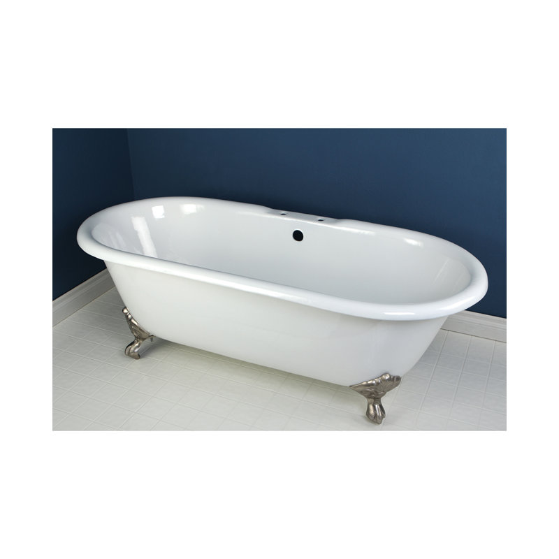 Kingston Brass Aqua Eden 66-Inch Cast Iron Oval Double Ended Clawfoot Tub (7-Inch Faucet Drillings), White/Brushed Nickel