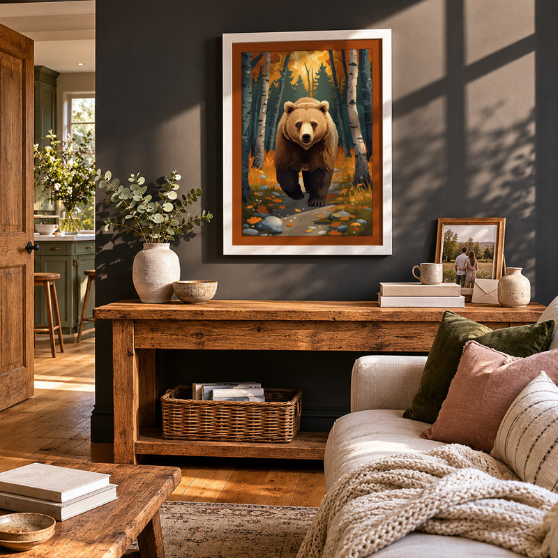 Bear Approaching Boho - Framed Print, A3 - 42.0 x 29.7 cm, White