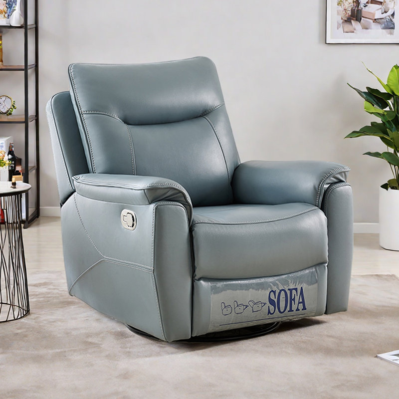 Living Room Casual Faux Leather Swivel Recliner, Blue