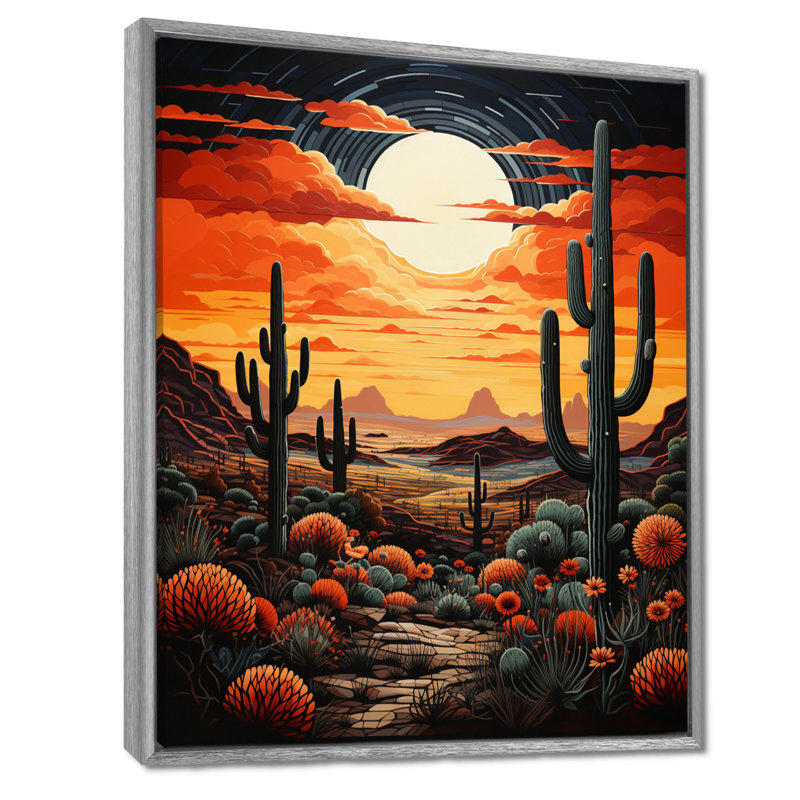 Ballyclare, orange, jaune, cactus, désert, coucher de soleil, Saguaro - Cactus, art mural encadré, Encadrement argenté