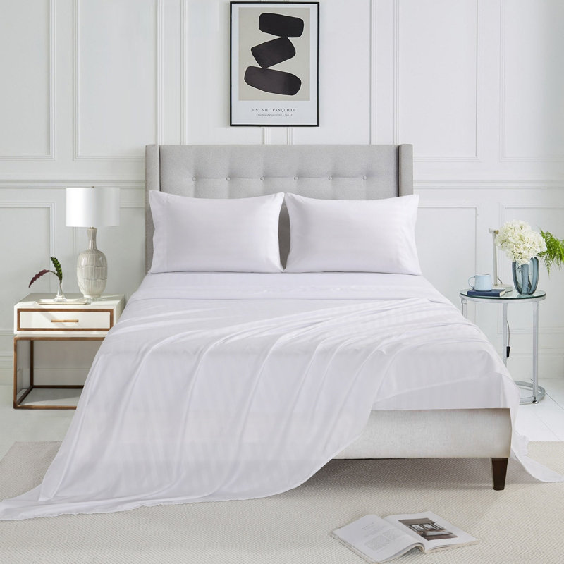 Ensemble de draps à rayures 3/4 pièces, Blanc, Ensemble de draps pour très grand lit avec 2 taie
