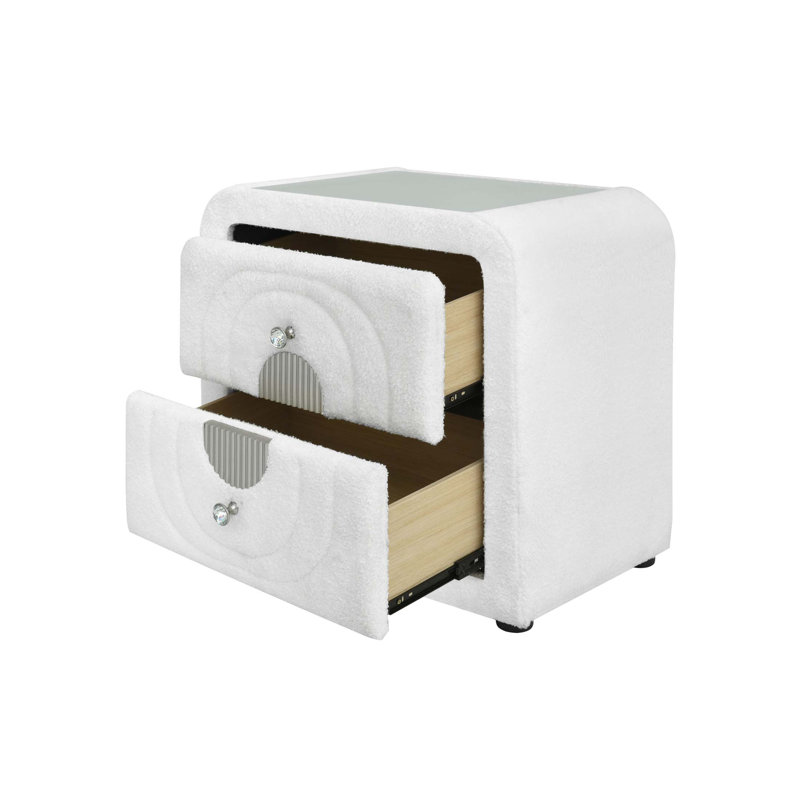 Chic Nightstand with Glass Top and Crystal Button Drawer, Featuring Side Metal Drawer Glide and Safety Stop for Enhanced Functionality