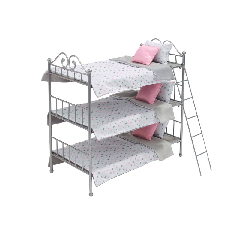 Silver Triple Doll Bunk Bed with Pink Star Bedding and Ladder