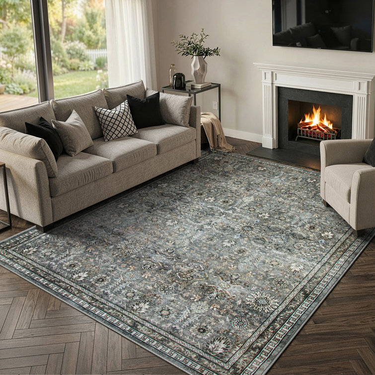 Watte Vintage Floral Border Washable Area Rug with Non-Slip Backing for Living Room & Bedroom