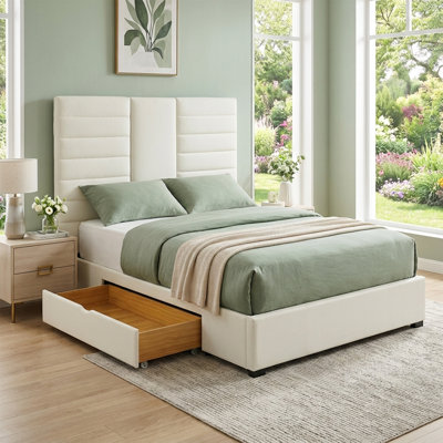 Hotel-Inspired Upholstered Bed, Extra-Tall Headboard, 2 Drawers, Queen, Cream