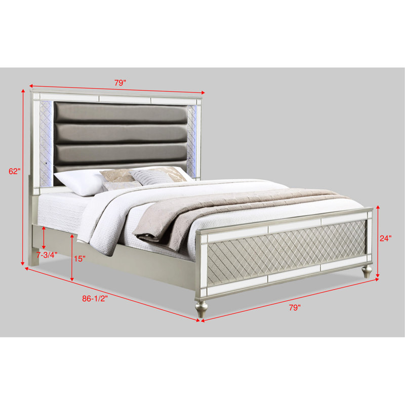 Lit à panneau très grand 1pc avec superbe finition argentée, canal, luxe moderne et éclairage à DEL intégré pour la chambre à coucher avec éclairage,