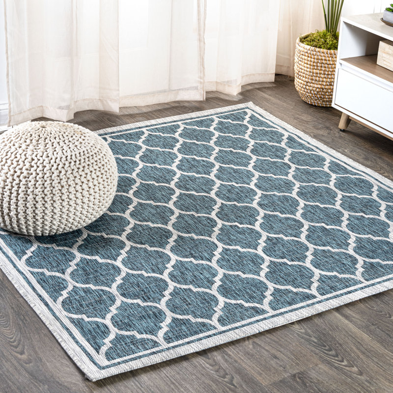 Hague Moroccan Trellis Textured Weave Teal/Gray Indoor/Outdoor Rug, Square 6'7"