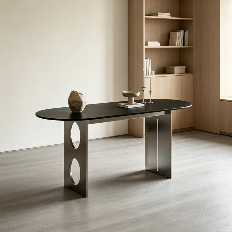 Bureau durable en acier inoxydable en pierre frittée noire, 29.52" H x 55.11" W x 31.49" D, Oval, Black/Silver