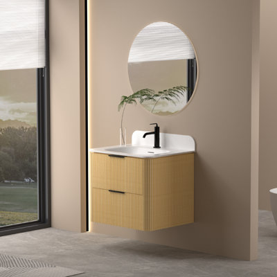 Meuble-lavabo flottant 24 po avec lavabo en acrylique intégré, meuble-lavabo mural au fini chêne chaud avec tiroirs à fermeture en douceur