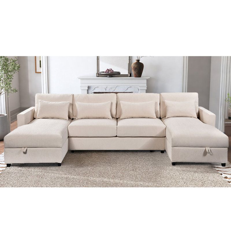 Grand canapé modulaire moderne en forme de U, 2 grandes chaises avec espace de rangement, 100 % polyester beige
